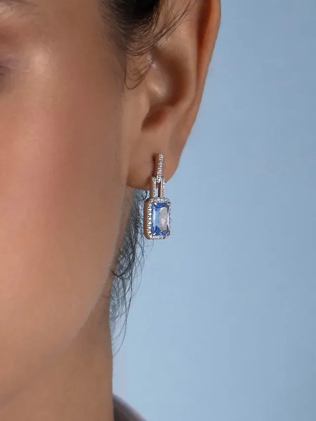 Rectangular Blue Gemstone Pavé Halo Drop Earrings 3