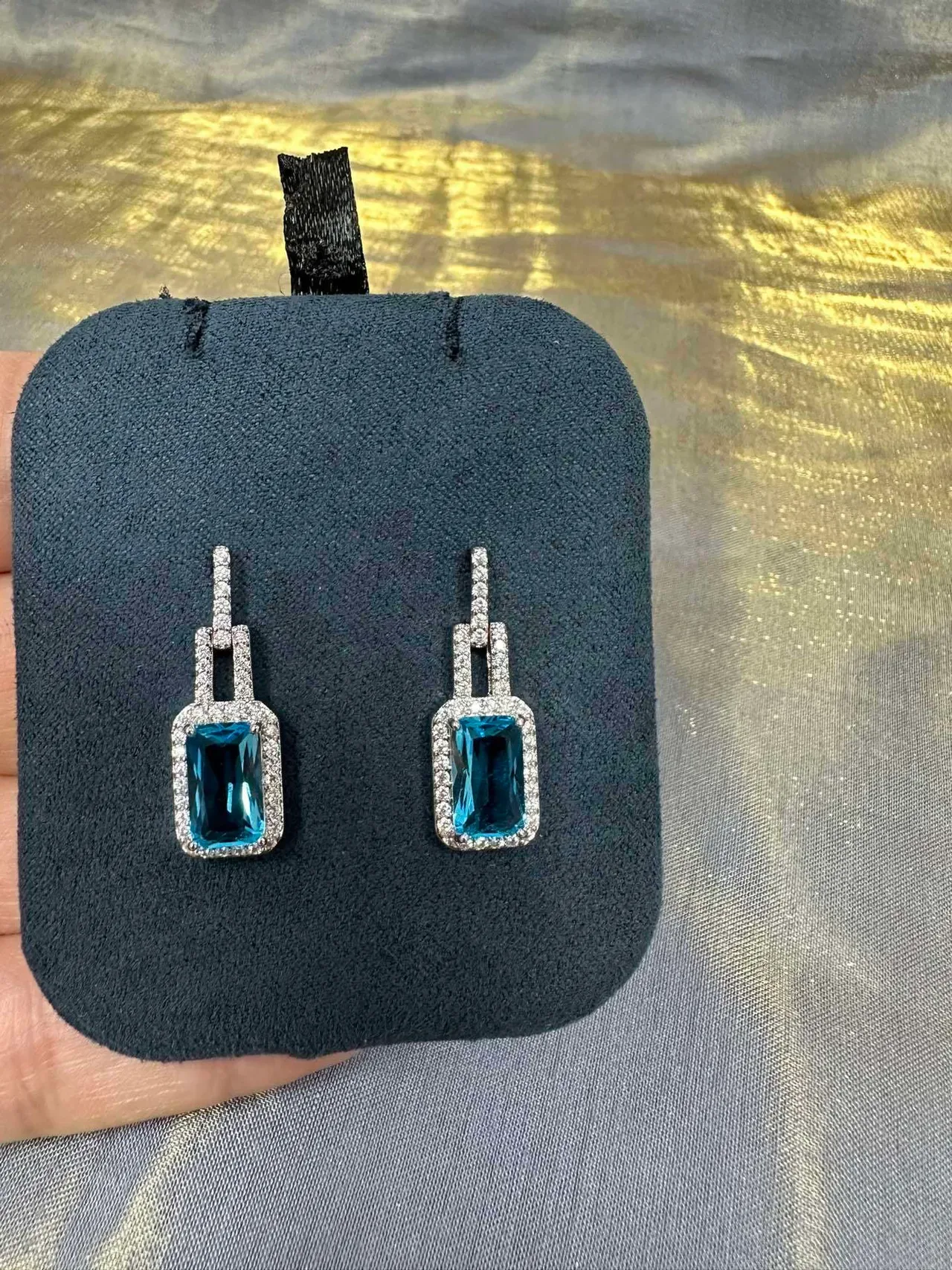 Rectangular Blue Gemstone Pavé Halo Drop Earrings 7