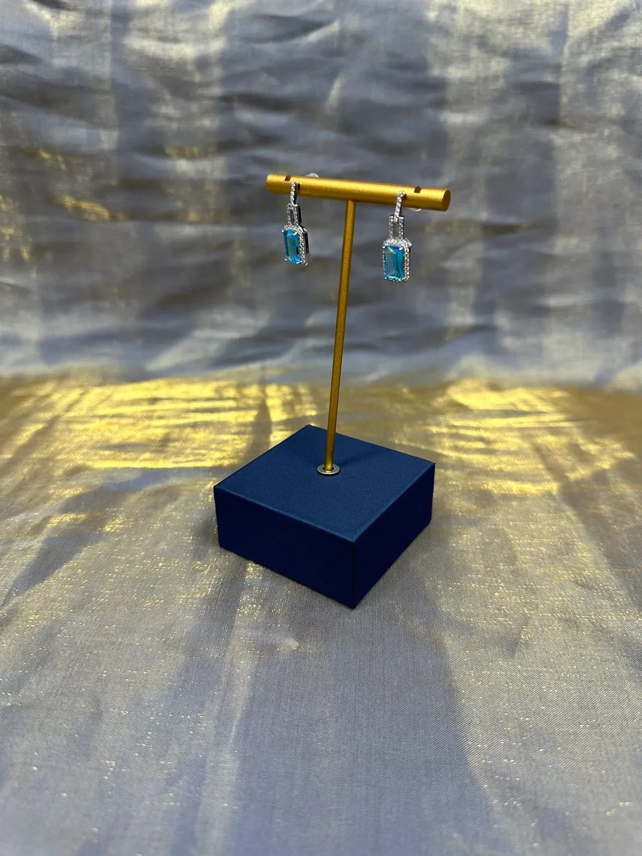 Rectangular Blue Gemstone Pavé Halo Drop Earrings 9