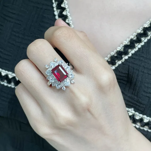 Red Emerald-Cut Gemstone Halo Floral Ring 9