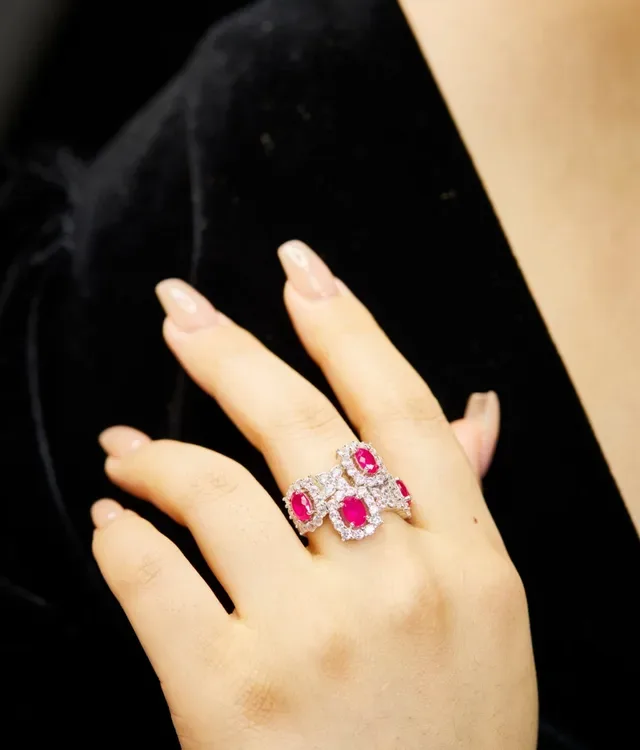 Red Silver Multi-Stone Cluster Pavé Diamond Halo Ring 3