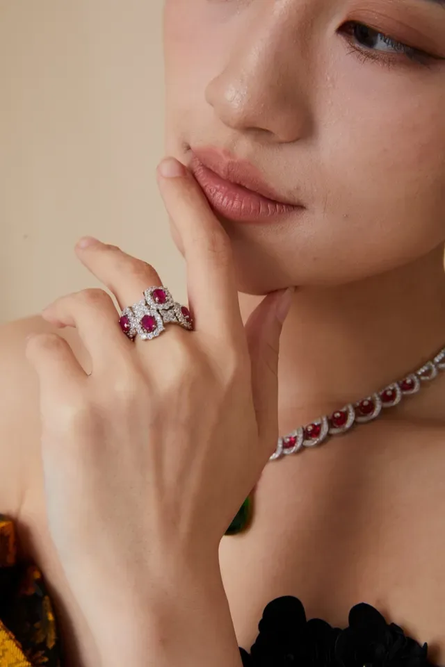 Red Silver Multi-Stone Cluster Pavé Diamond Halo Ring 4