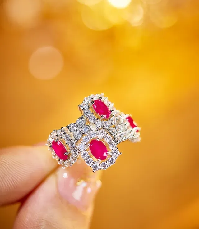 Red Silver Multi-Stone Cluster Pavé Diamond Halo Ring 5