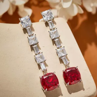 Brincos de dangle vermelho prata multi pedra drop linear corte de almofada