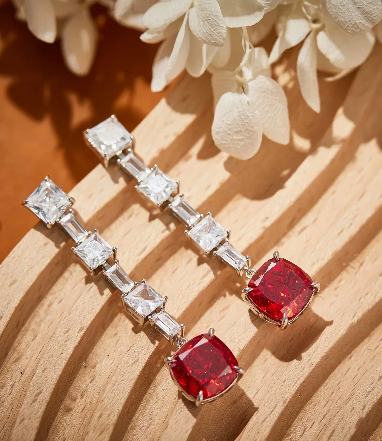 Red Silver Multi-Stone Linear Drop Cushion-Cut Dangle Earrings 7