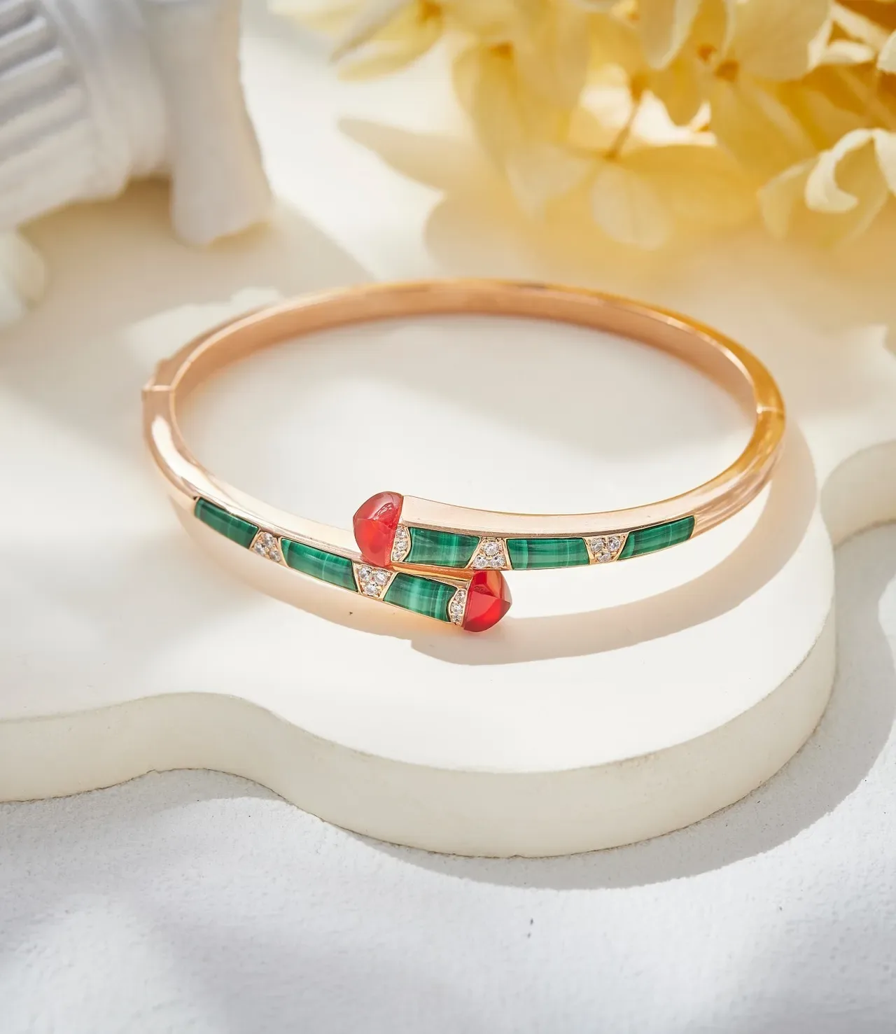 Rose Gold Gemstone Inlay Hinged Cuff Bracelet 2