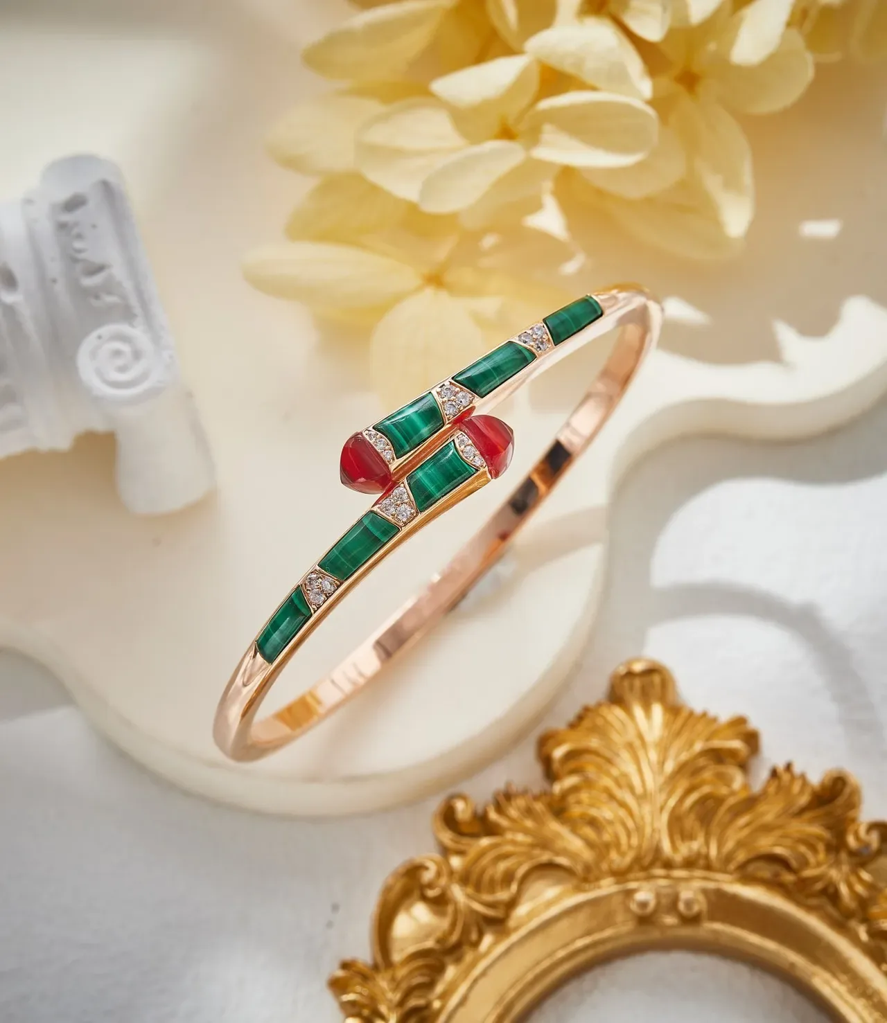 Rose Gold Gemstone Inlay Hinged Cuff Bracelet 7