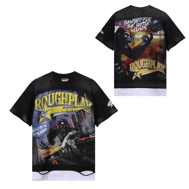 ROUGH Graphic Distressed Oversized Black T-Shirt 2