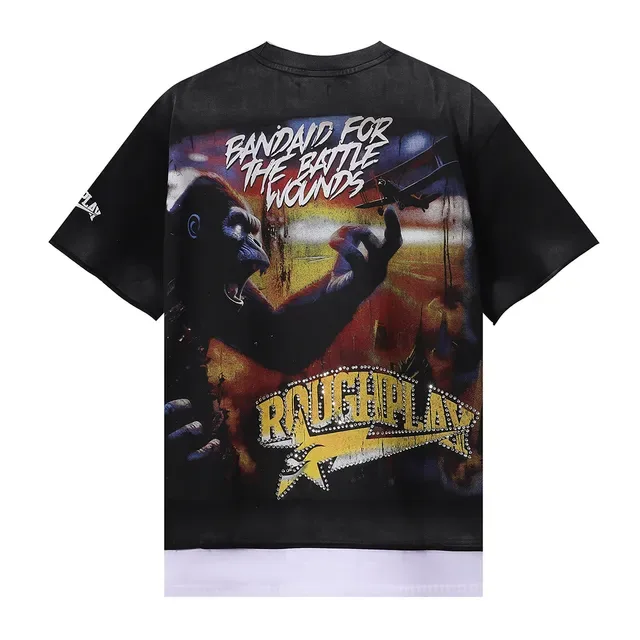 ROUGH Graphic Distressed Oversized Black T-Shirt 3