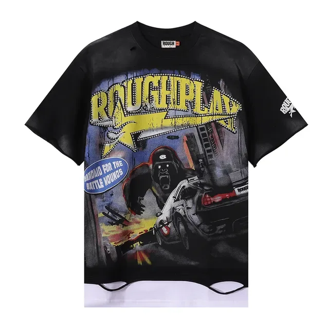 ROUGH Graphic Distressed Oversized Black T-Shirt 4