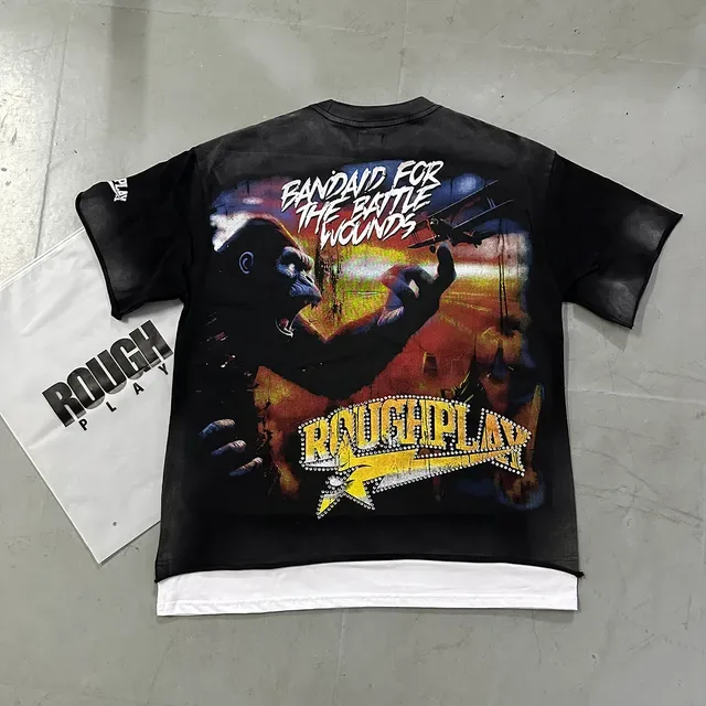 ROUGH Graphic Distressed Oversized Black T-Shirt 6