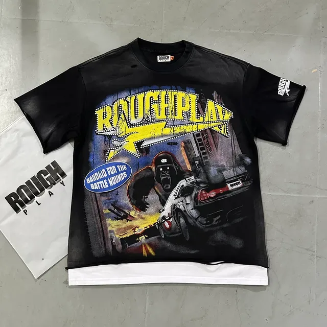 ROUGH Graphic Distressed Oversized Black T-Shirt 7