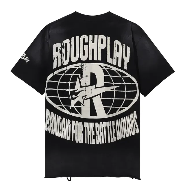 ROUGH Graphic Print Distressed Oversized Black T-Shirt 3