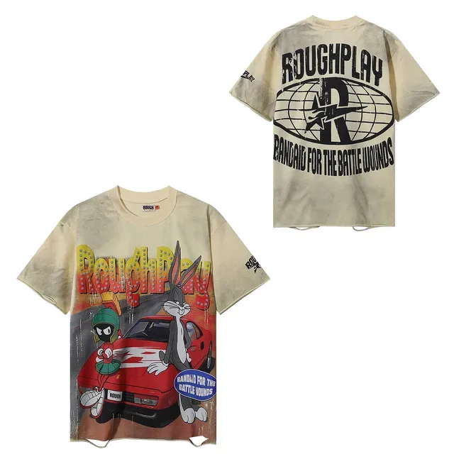 Camiseta ROUGH oversized desgastada com estampa cartoon 2
