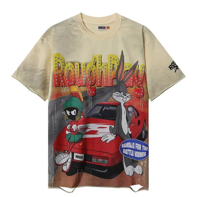Camiseta ROUGH oversized desgastada com estampa cartoon 4