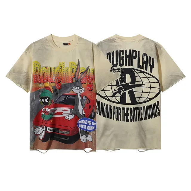 Camiseta ROUGH oversized desgastada com estampa cartoon 5