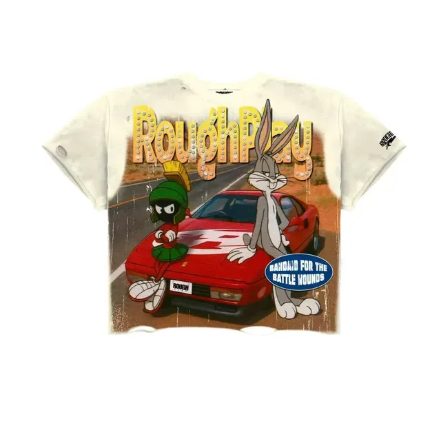 Camiseta ROUGH oversized desgastada com estampa cartoon 7
