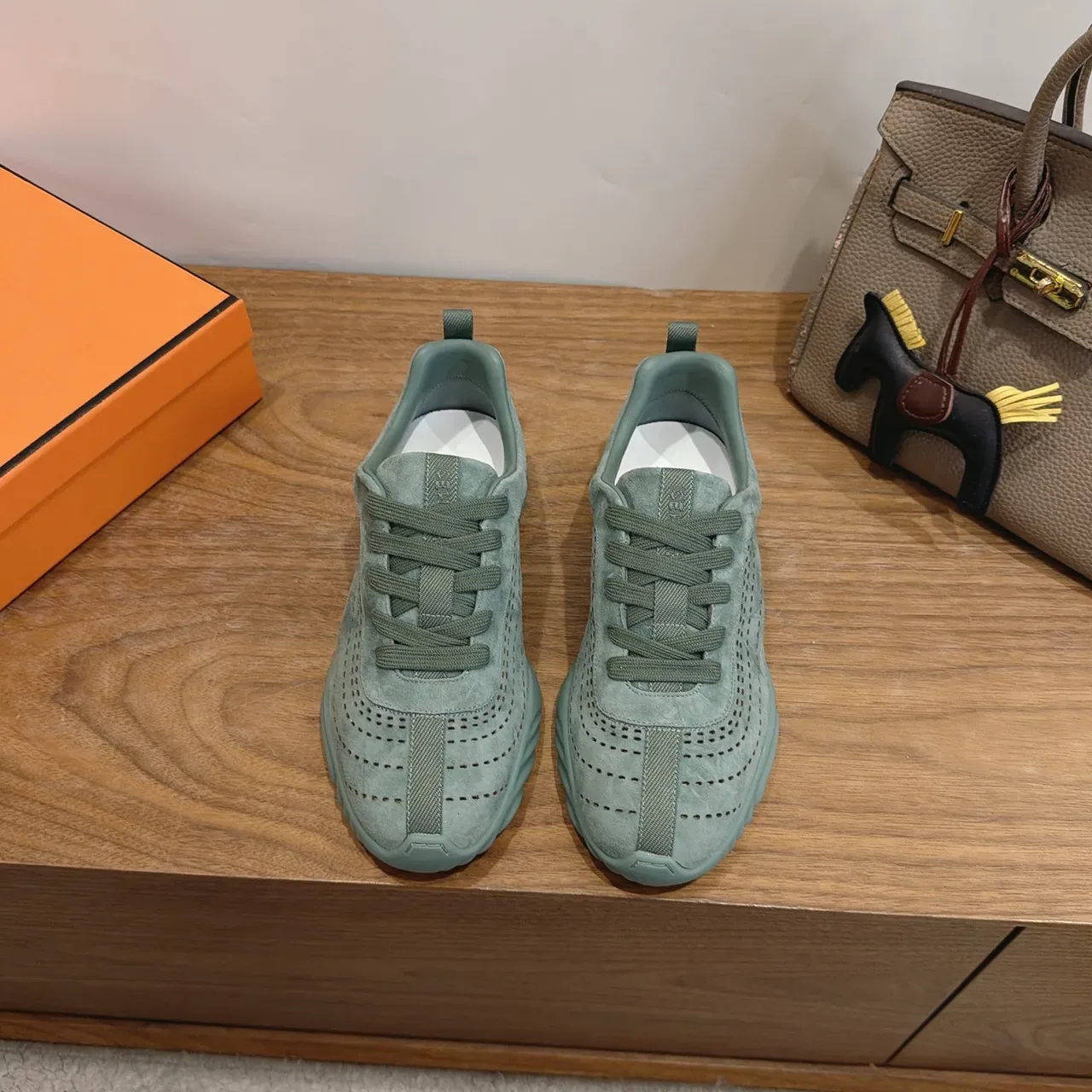 Sage Green Perforated Suede Lace-Up Sneakers 4
