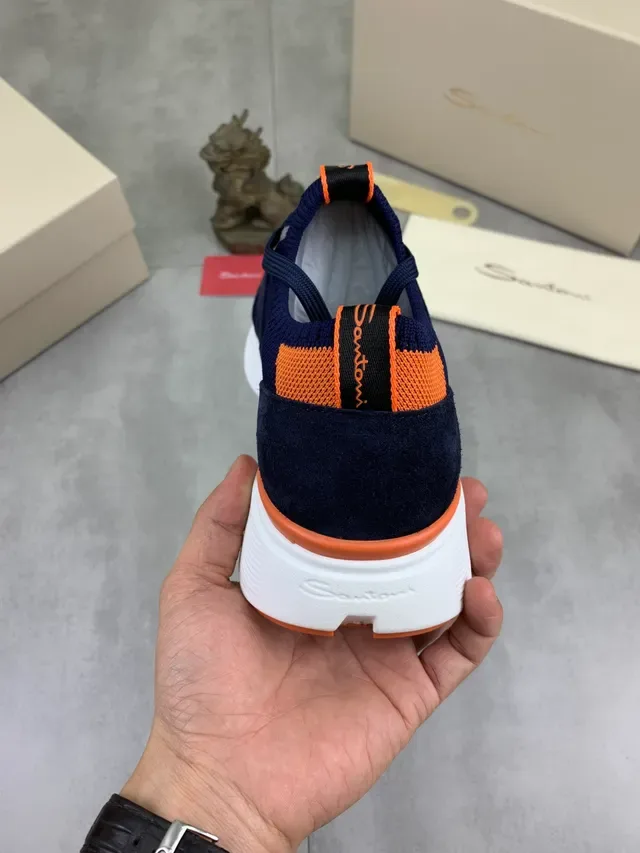 Santoni Navy Orange Knit Upper Sneakers à lacets 3
