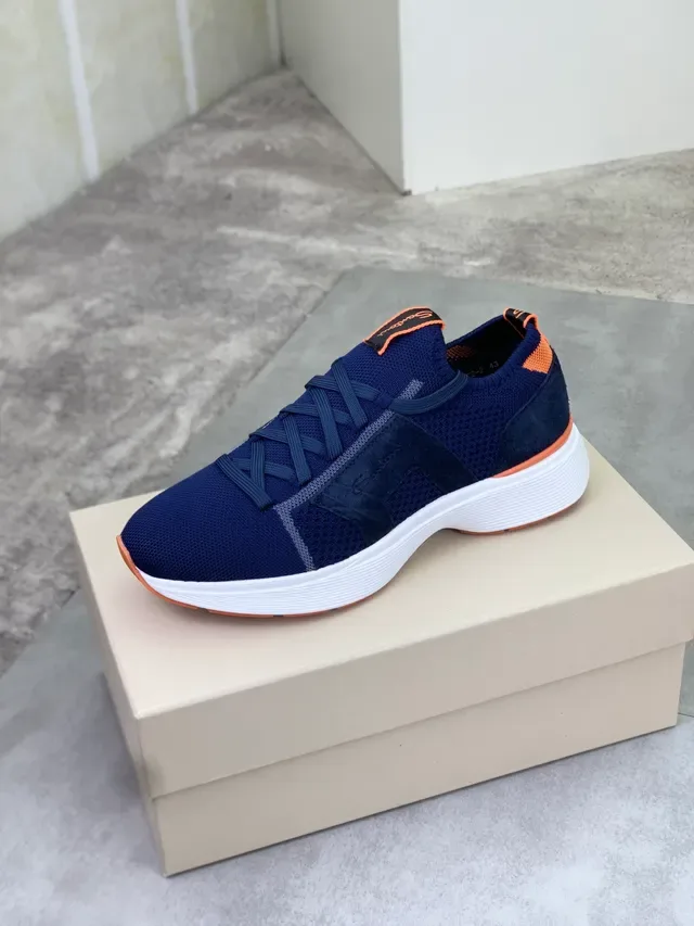 Santoni Navy Orange Knit Upper Sneakers à lacets 4