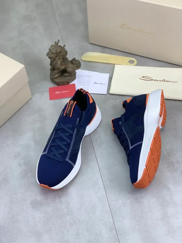 Santoni Navy Orange Knit Upper Sneakers à lacets 5