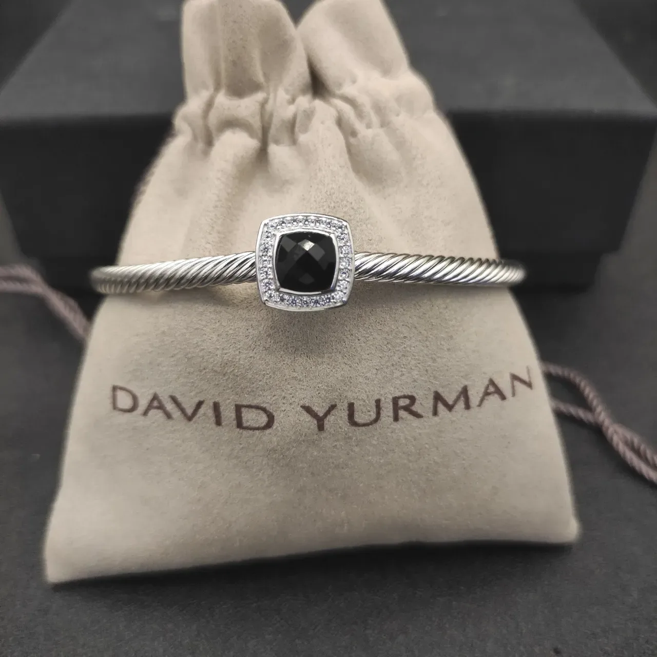 Silver Black Cable-Twist Band Square Cushion-Cut Center Stone Bracelet 4