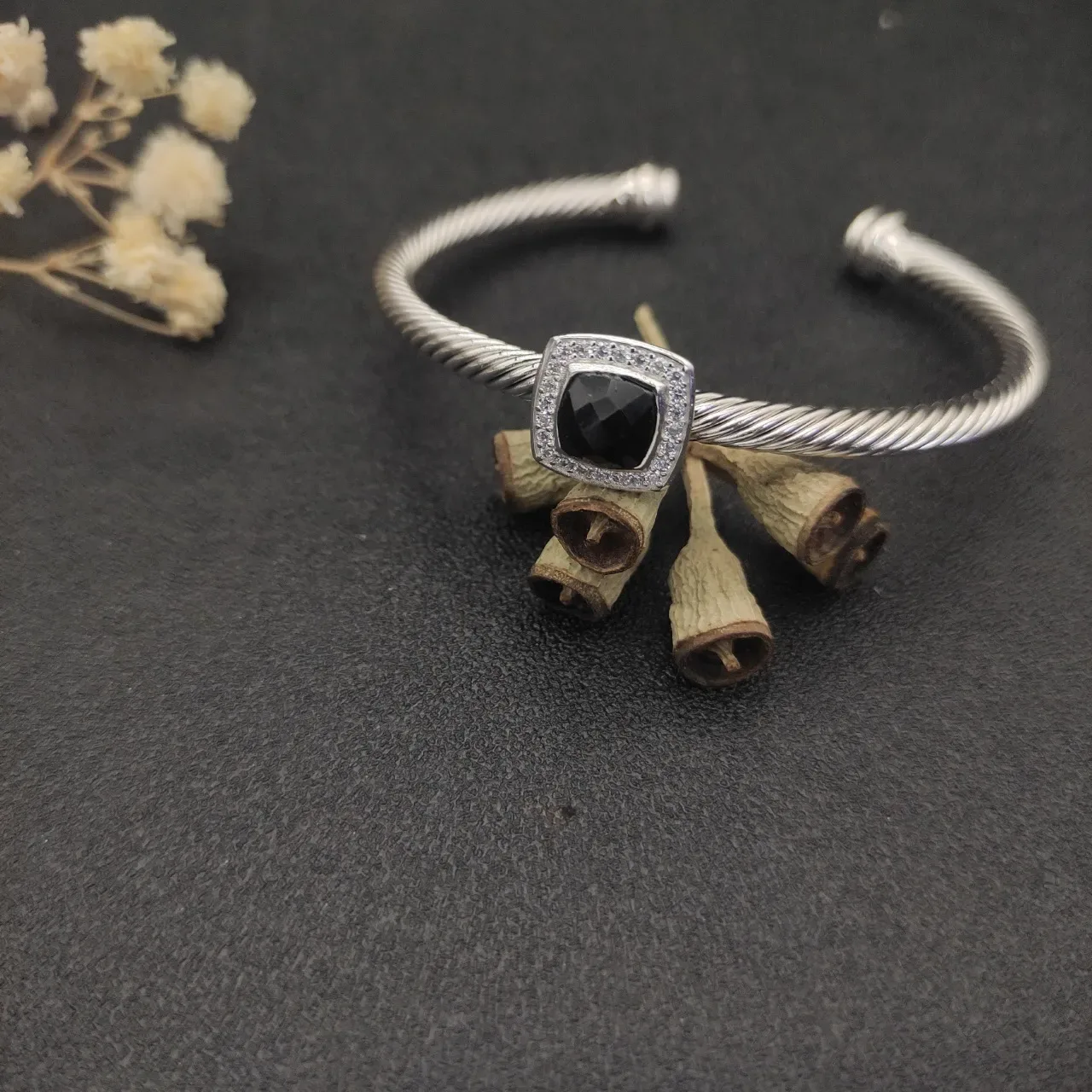 Silver Black Cable-Twist Band Square Cushion-Cut Center Stone Bracelet 9