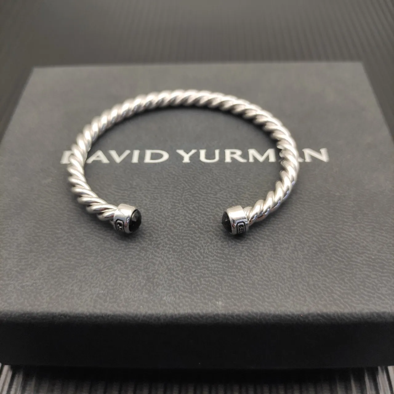 Silver Black Twisted Cable Polished Metal Bracelet 2
