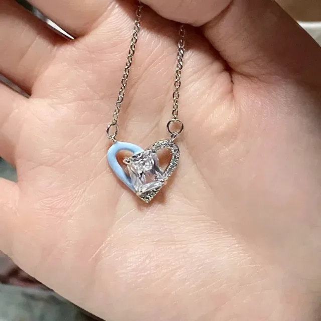 Silver Blue Heart-Shaped Pendant Double-Layer Motif Necklace 4