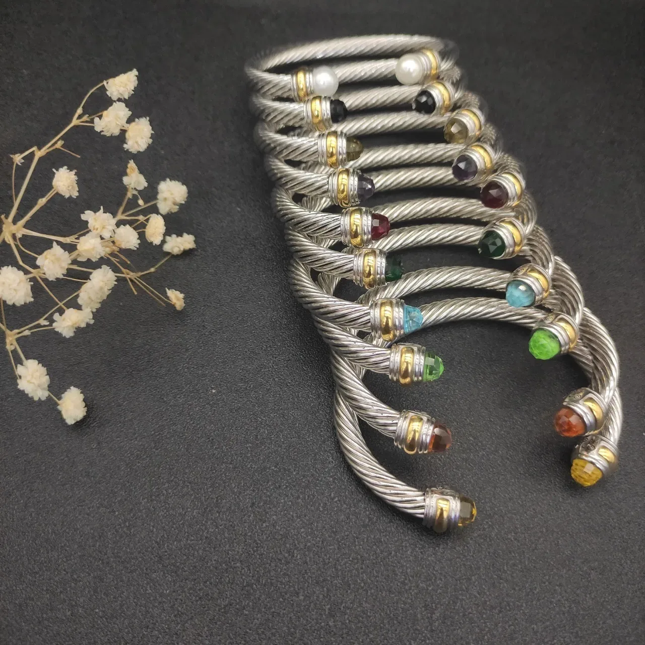 Silver Blue Twisted Cable Faceted Stone Ends Bracelet 3