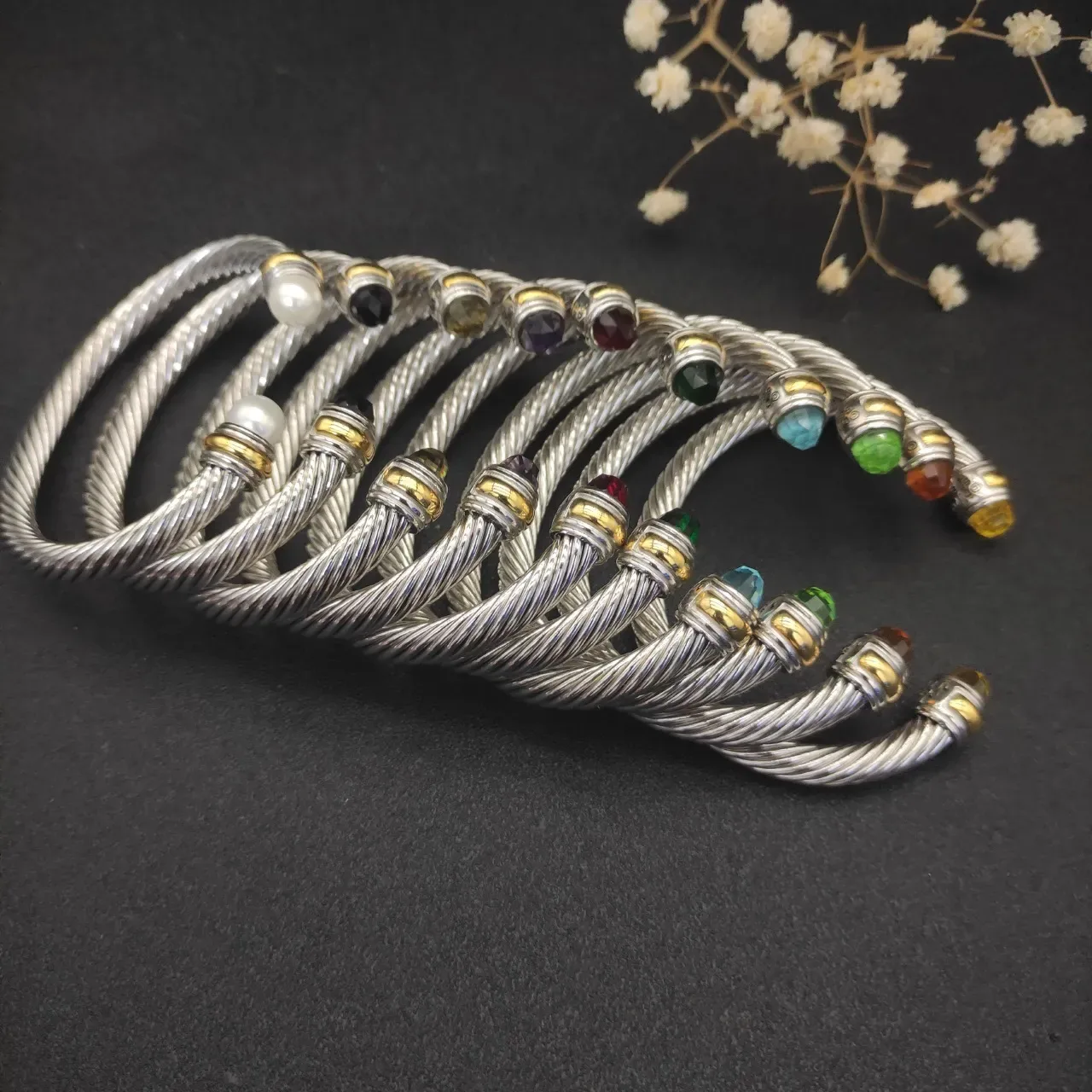 Silver Blue Twisted Cable Faceted Stone Ends Bracelet 4