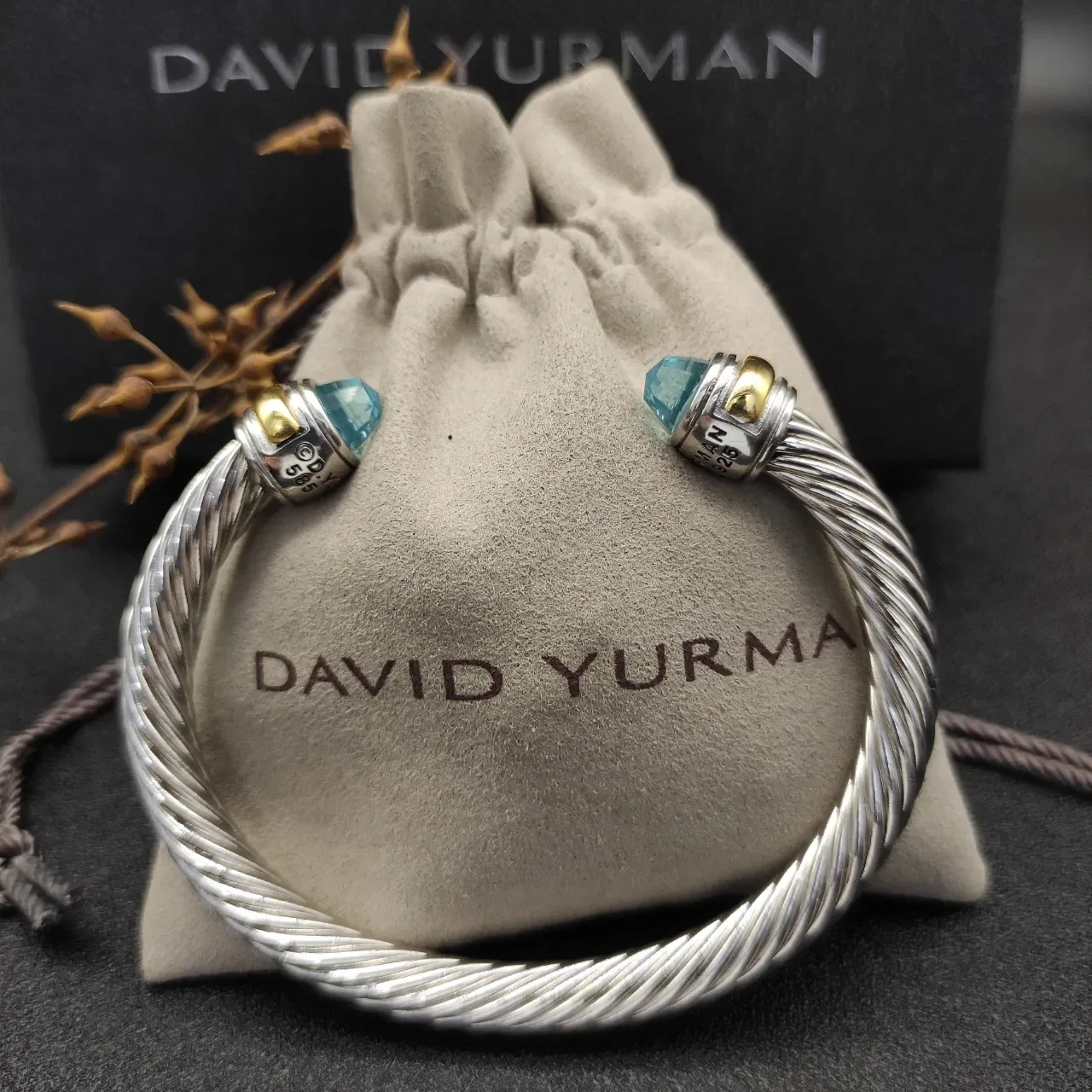 Silver Blue Twisted Cable Faceted Stone Ends Bracelet 6