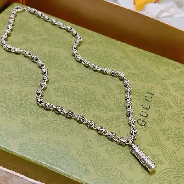 Silver Braided Link Chain Cylindrical Pendant Necklace 4