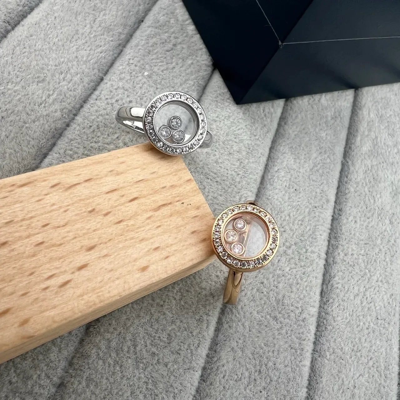 Silver Gold Circular Rotating Charm Compartment Pavé-Set Stone Bezel Ring 6