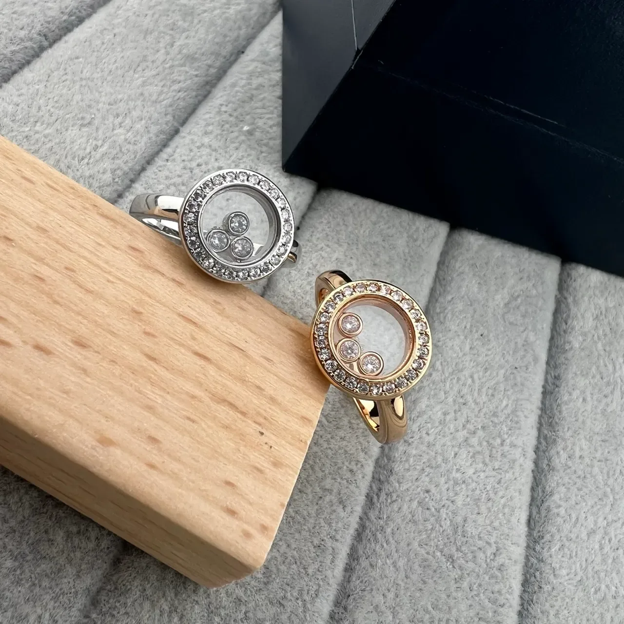 Silver Gold Circular Rotating Charm Compartment Pavé-Set Stone Bezel Ring 7