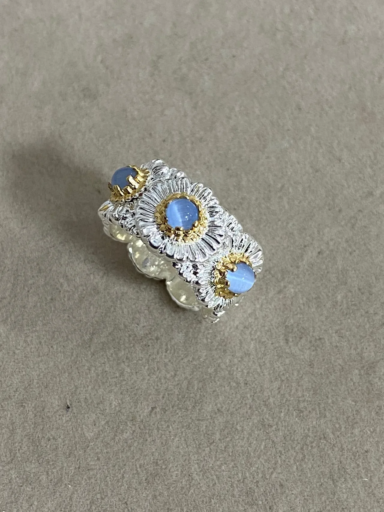 Silver Gold Floral Motif Cabochon-Set Ring 4