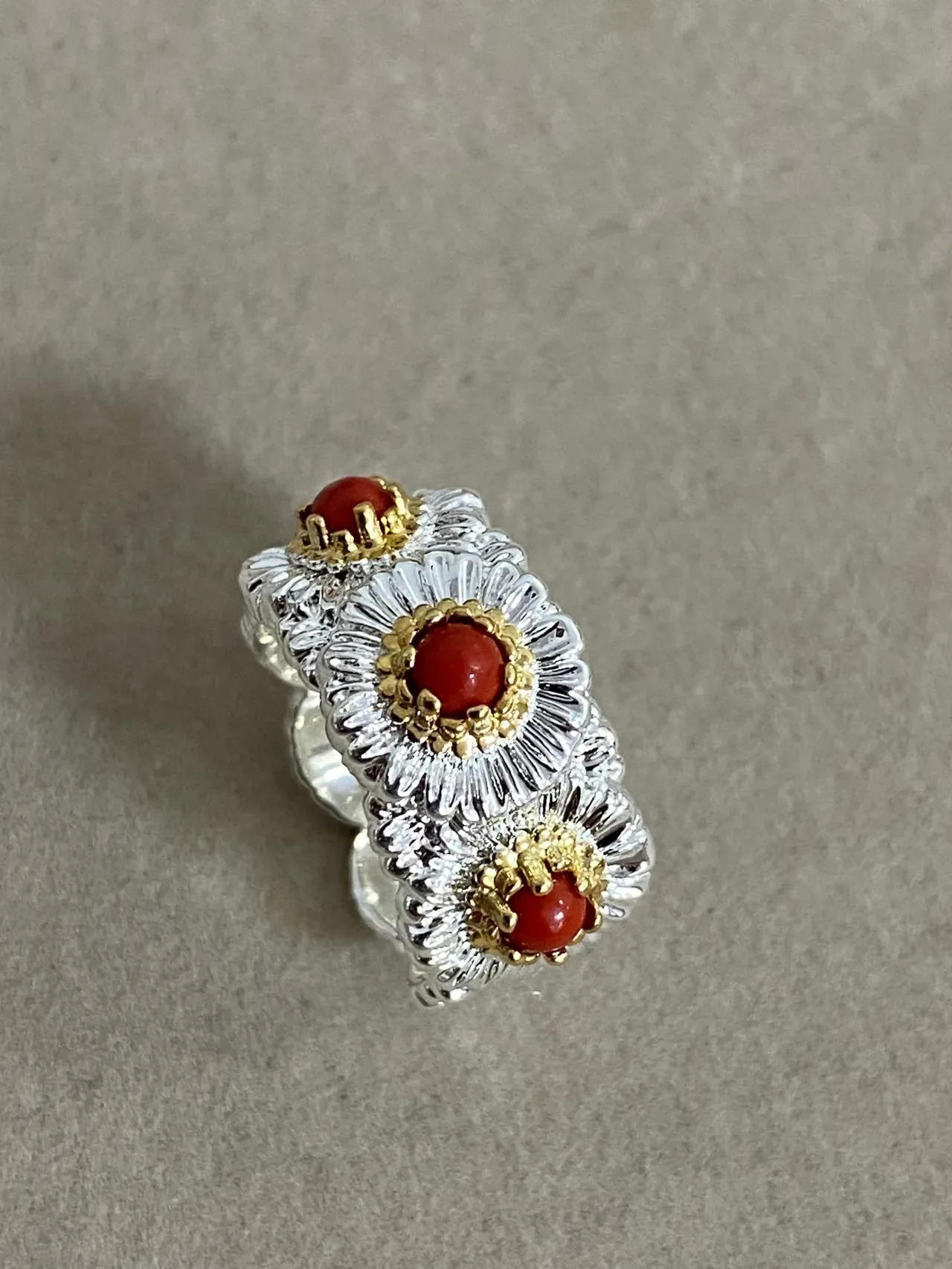 Silver Gold Floral Motif Cabochon-Set Ring 6
