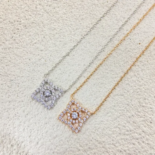 Silver Gold Geometric Square Pendant Pavé-Set Stones Necklace 2