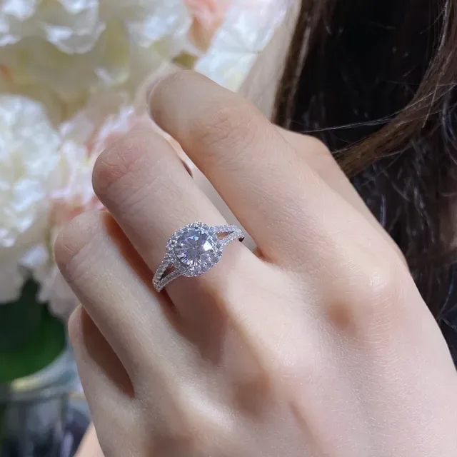 Silver Gold Halo Setting Split Shank Band Ring 9