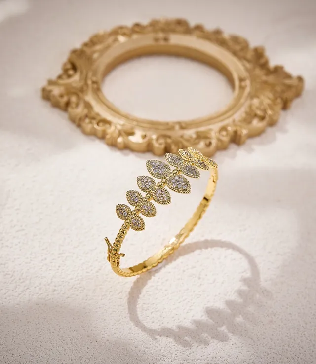 Silver Gold Leaf-Motif Pavé Open Bangle Bracelet 2