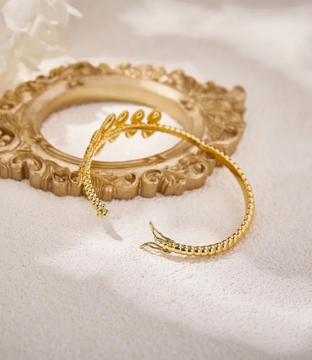 Silver Gold Leaf-Motif Pavé Open Bangle Bracelet 5