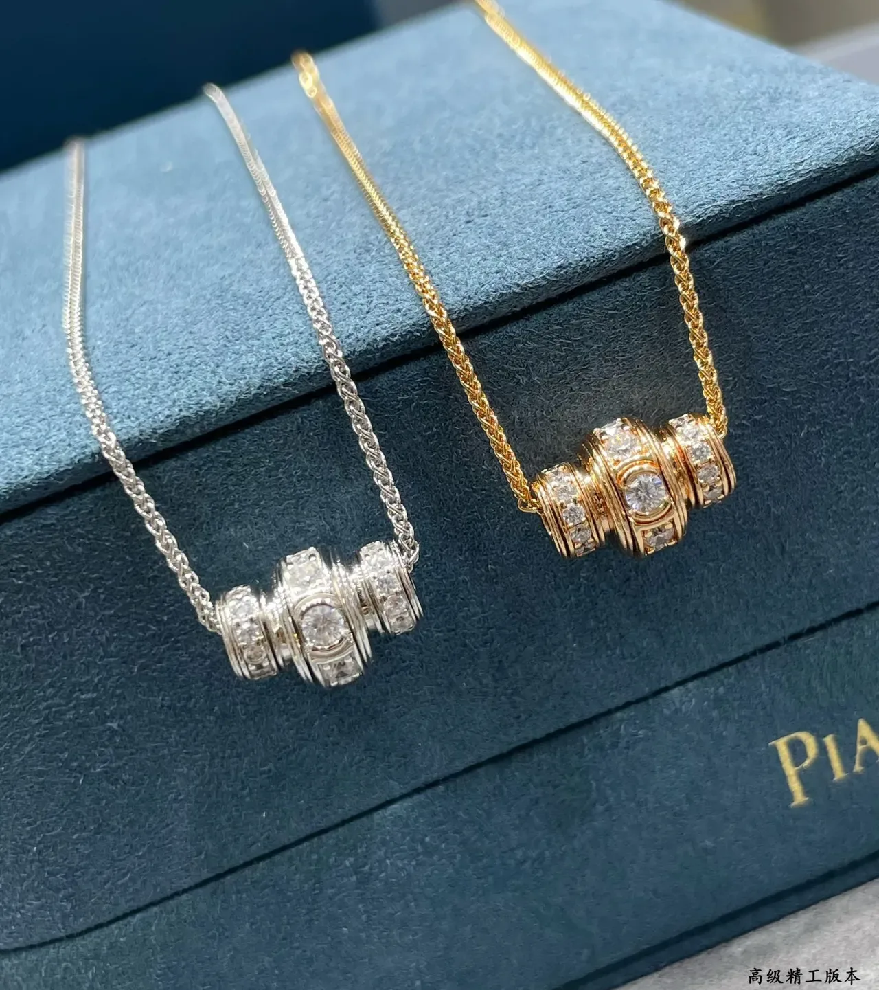 Silver Gold Stacked Cylindrical Pendant Pavé-Set Clear Stones Necklace 2