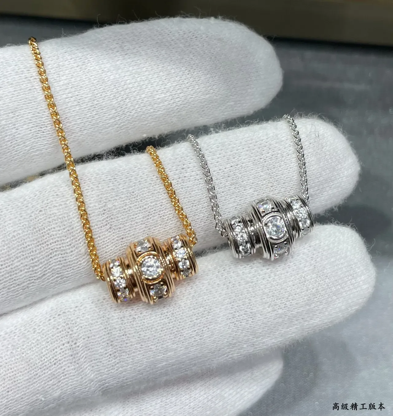 Silver Gold Stacked Cylindrical Pendant Pavé-Set Clear Stones Necklace 7