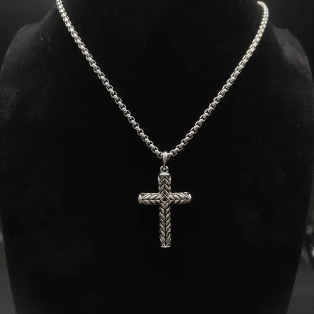 Silver Gold Textured Braided Cross Pendant Ball Chain Necklace 5