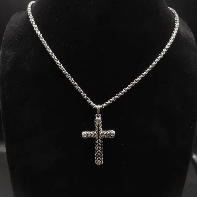 Silver Gold Textured Braided Cross Pendant Ball Chain Necklace 6