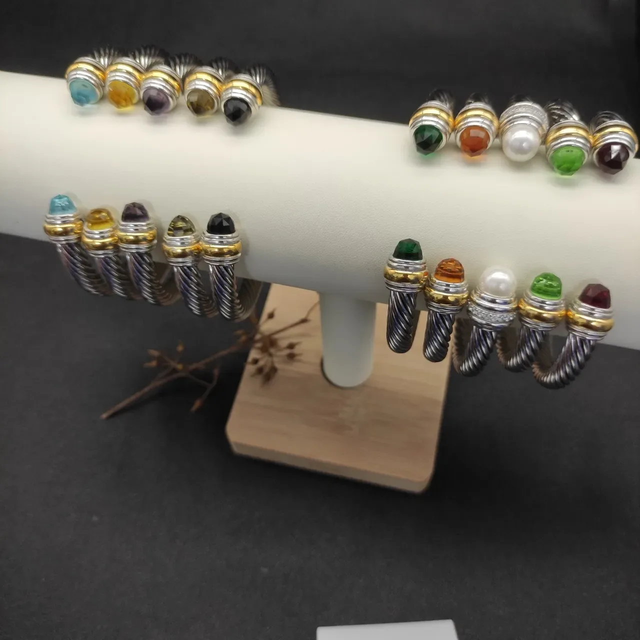 Silver Gold Twisted Cable Faceted Gemstone Terminals Bracelet 2