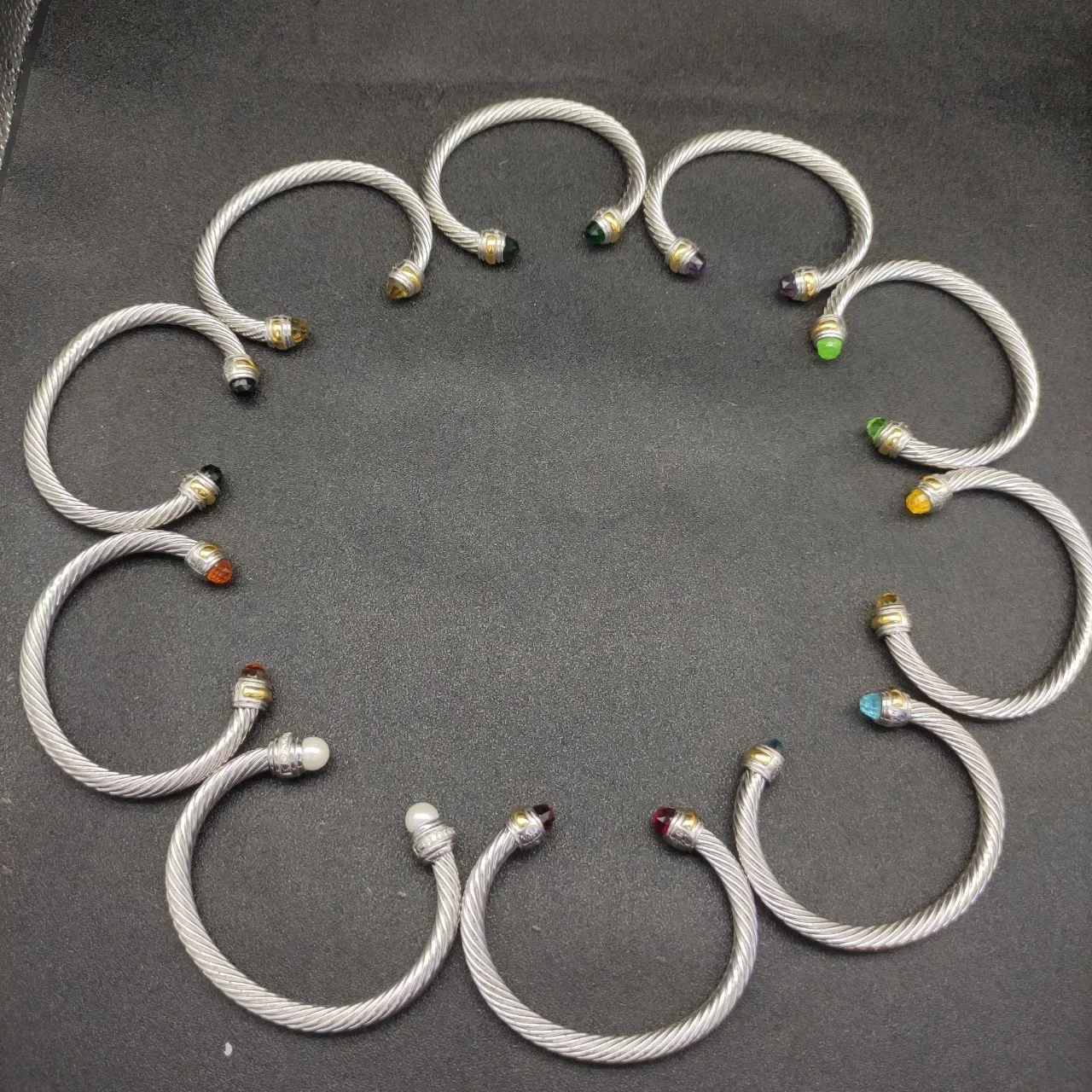 Silver Gold Twisted Cable Faceted Gemstone Terminals Bracelet 4