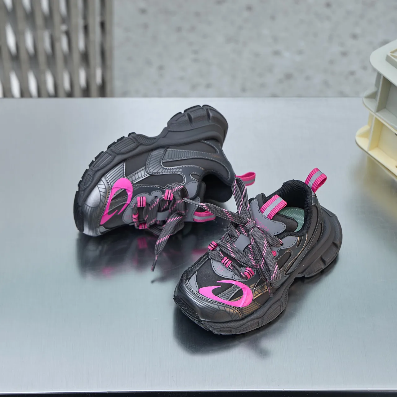 Silver Pink Sole Layered Synthetic Overlays Chunky Sneakers 6