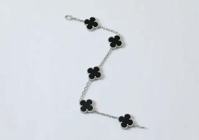 Silver-Tone Black Clover Motif Beaded Edge Bracelet 5