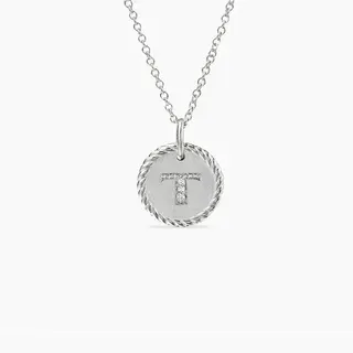Collier pendentif Initial T en ton argent avec bord en corde